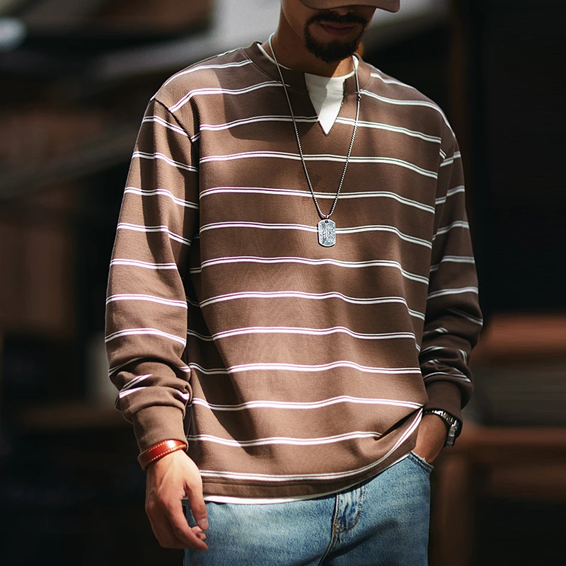 2025秋季新款美式条纹卫衣男潮牌宽松硬汉上衣男士圆领长袖打底衫