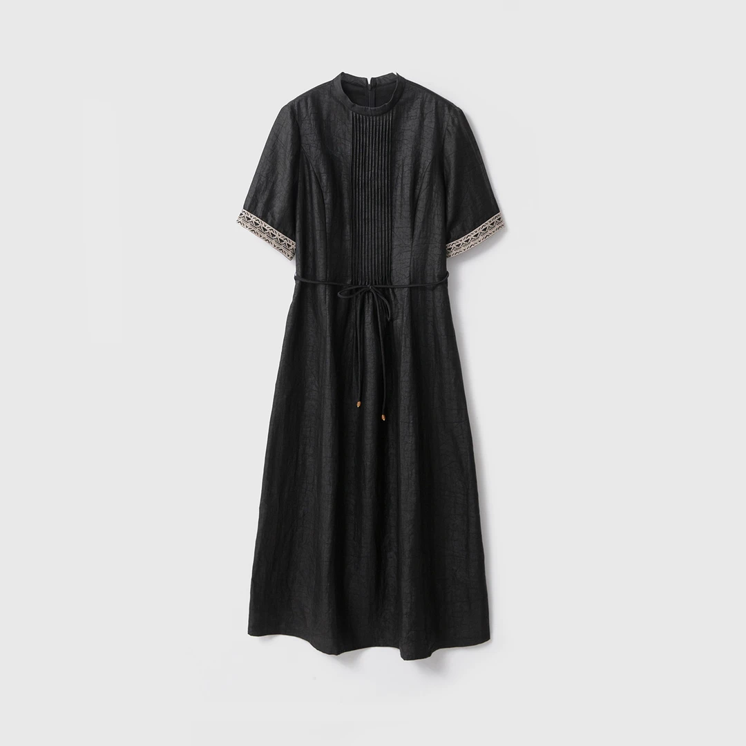 重工刺绣真丝香云纱黑龟连衣裙100桑蚕丝短袖收腰系带长裙LQ52122