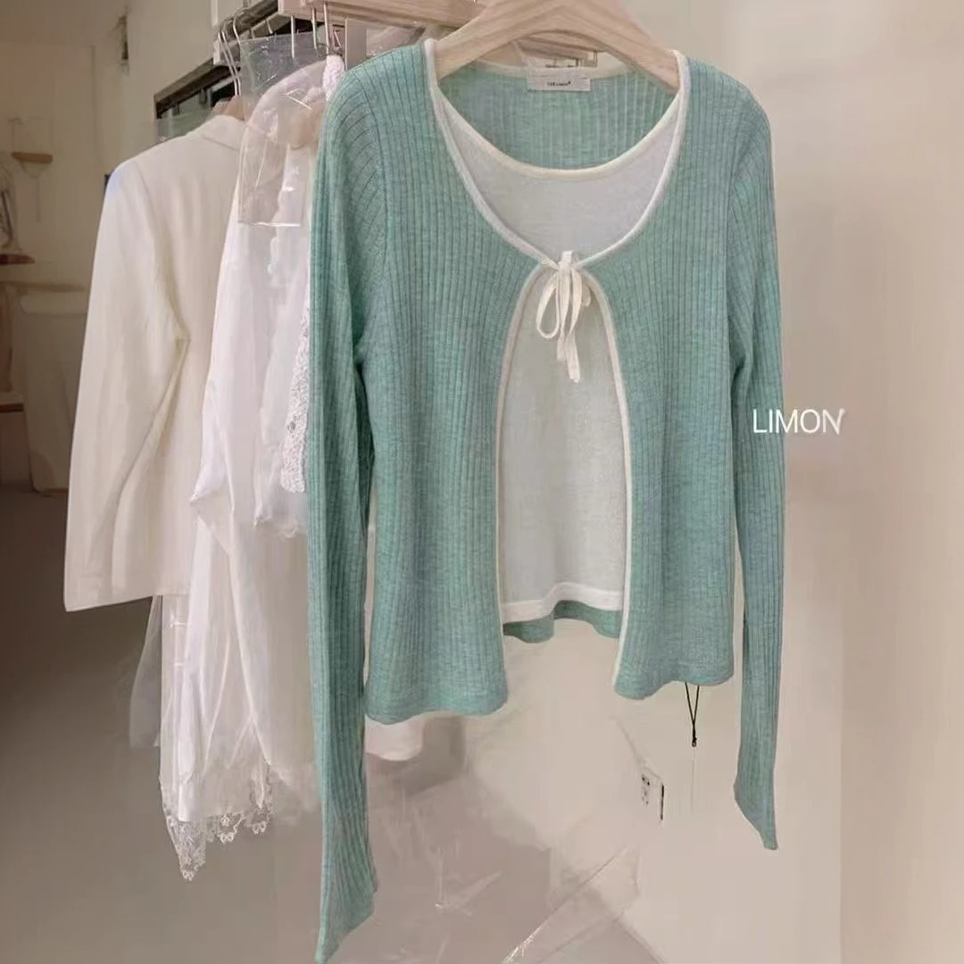 春夏新款韩版小众ins风设计感宽松假两件系带薄款长袖针织上衣女