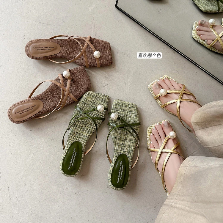跟高2.5cm/34-39/2025夏季新款简约百搭珍珠套趾低跟半拖凉鞋