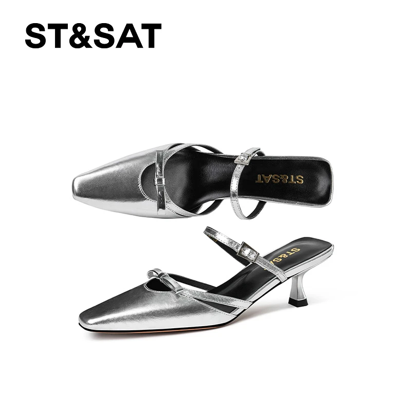 St&Sat/星期六蝴蝶结银色中跟休闲方头包头拖细跟夏季复古风单鞋