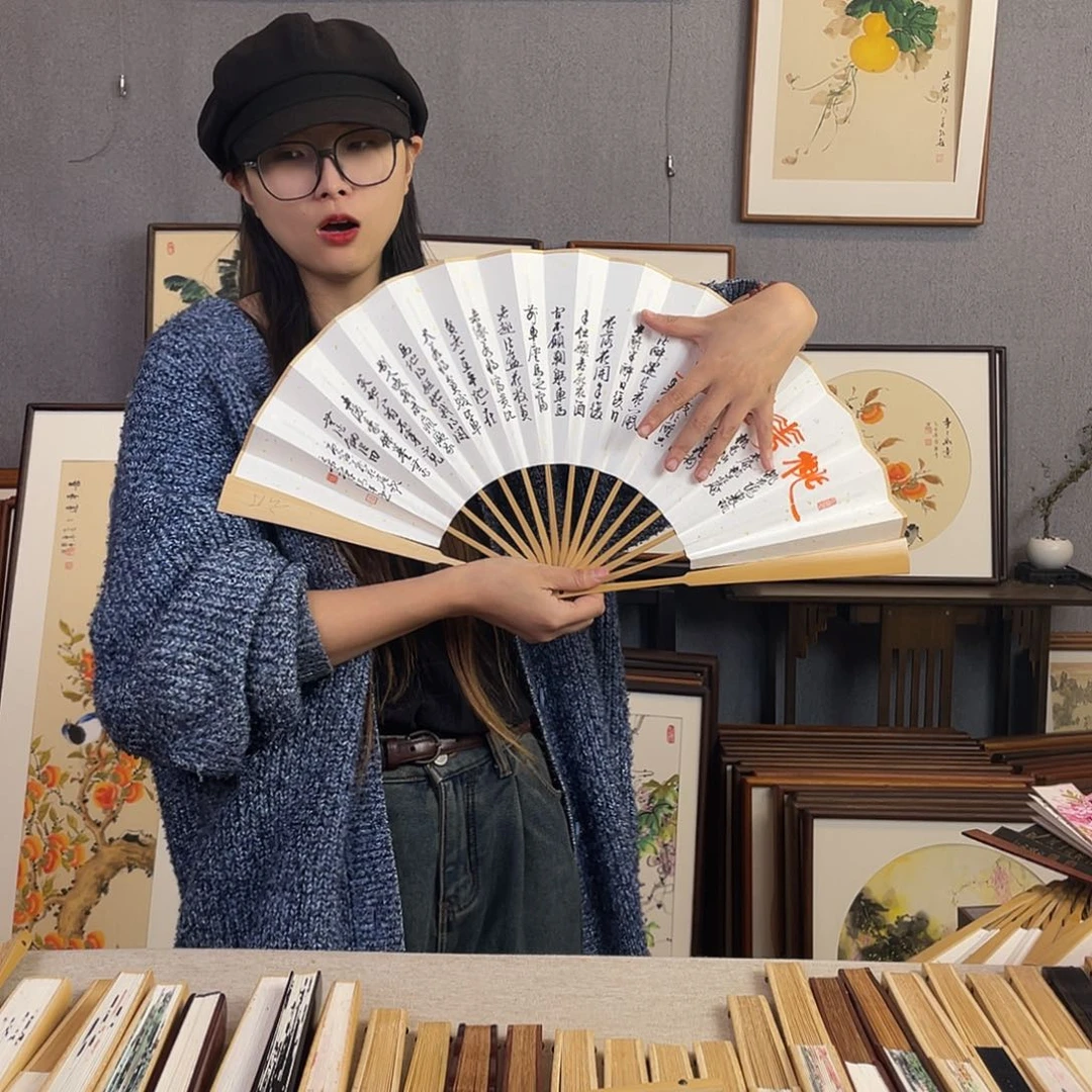 国画10寸玉竹-纯手绘-文玩扇骨（默认粘好）