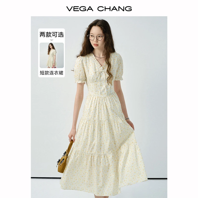 VEGA CHANG法式连衣裙2025新款夏气质减龄碎花V领茶歇裙子0269JJ