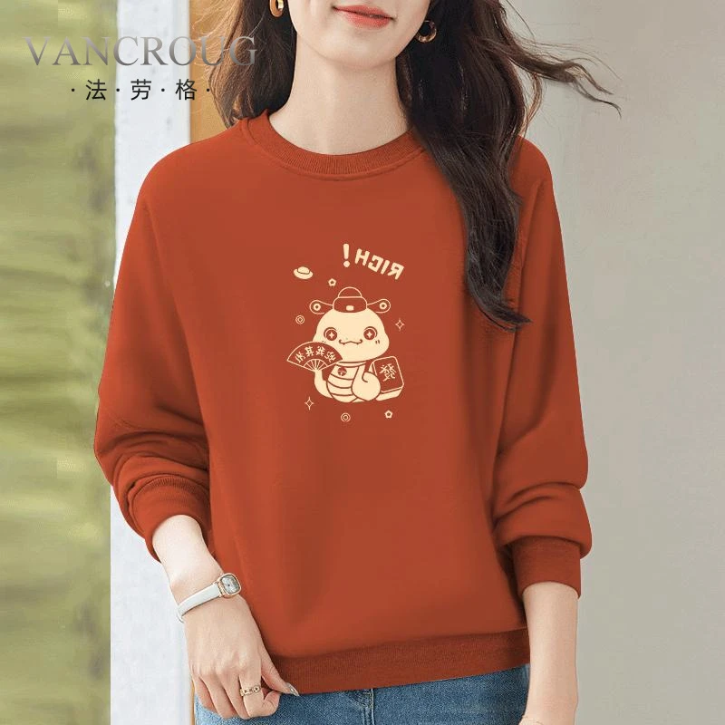 法劳格原创韩系蛇年印花圆领厚棉T女小香风春季时尚休闲宽松显瘦