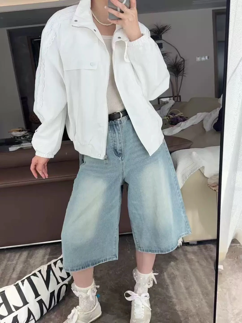美美推荐5927芷炫春季立领拼蕾丝花边宽松短款风衣外套