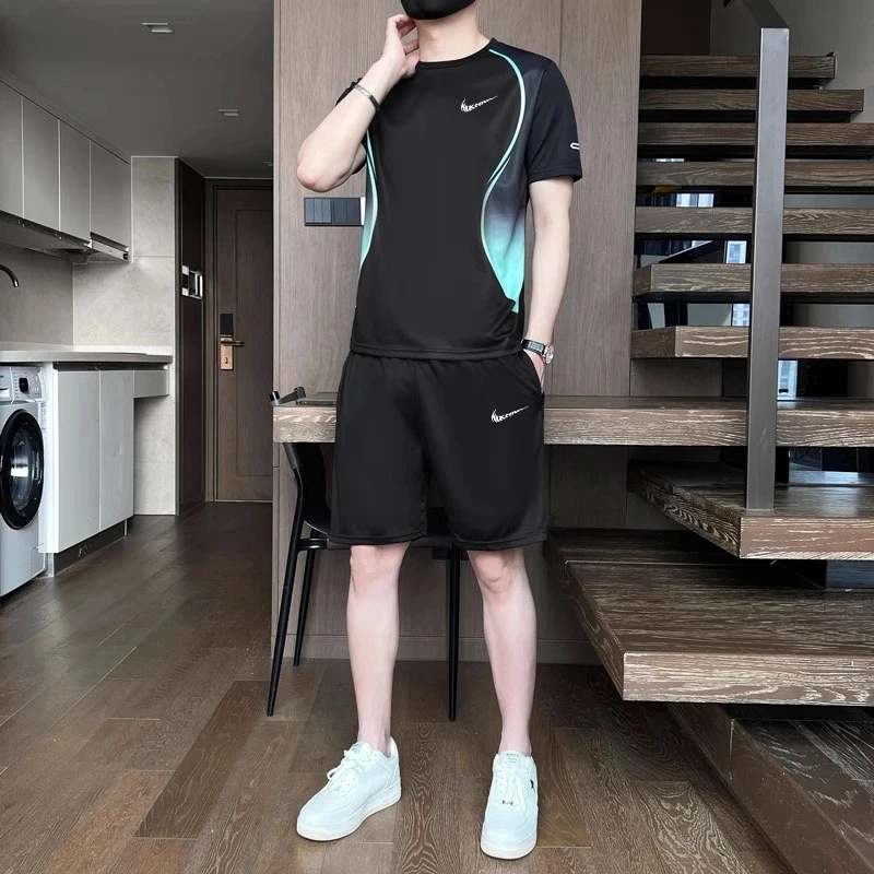 naike精选两件套跑步运动套装短袖T恤短裤夏季休闲男士速干运动服
