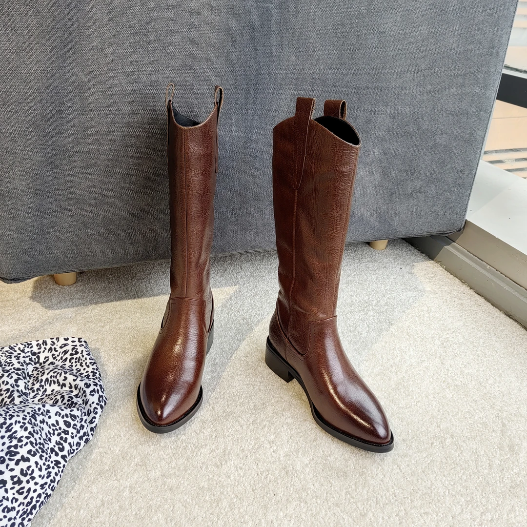 秋冬新款尖头加绒真皮时尚V口低跟百搭骑士靴长筒靴高筒靴1837