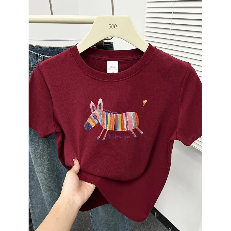 韩版减龄设计感印花正肩短袖t恤女洋气休闲百搭显瘦圆领内搭上衣