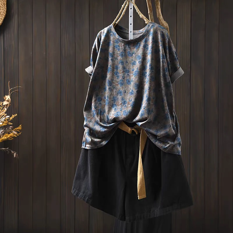 绿色碎花短袖t恤女2025新款夏薄款宽松大码休闲百搭圆领半袖上衣