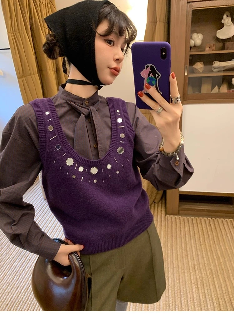 le rouge周美美 30羊毛复古U领手缝镜面装饰针织叠穿马甲