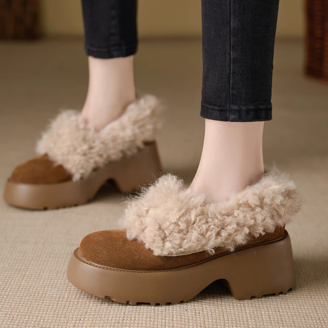 AACCK6.5cm不累脚厚底厚毛毛乐福鞋冬季保暖加绒一脚蹬乐福鞋外穿