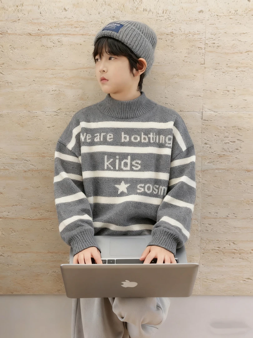 厚款条纹圆领长袖毛衣针织衫毛衫打底衫潮流冬季