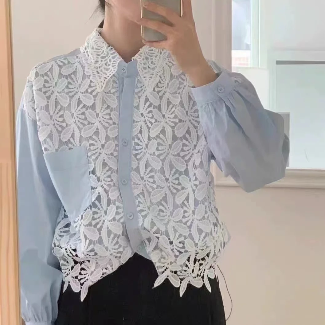 钩花蕾丝假两件拼接抽绳女装翻领衬衫减龄设计感别致长袖宽松上衣