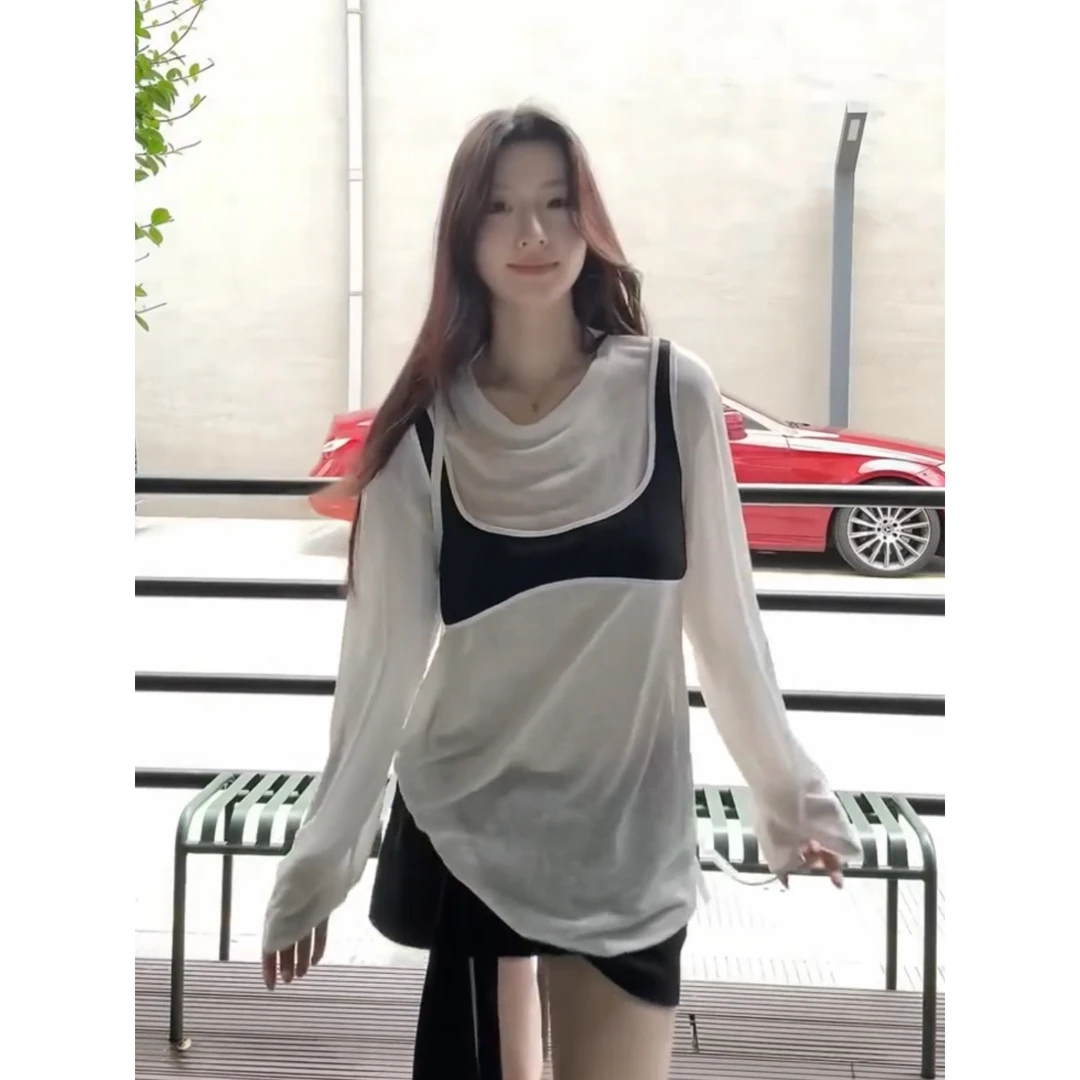 撞色吊带假两件长袖T恤女早春秋设计感韩版宽松百搭显瘦薄款上衣