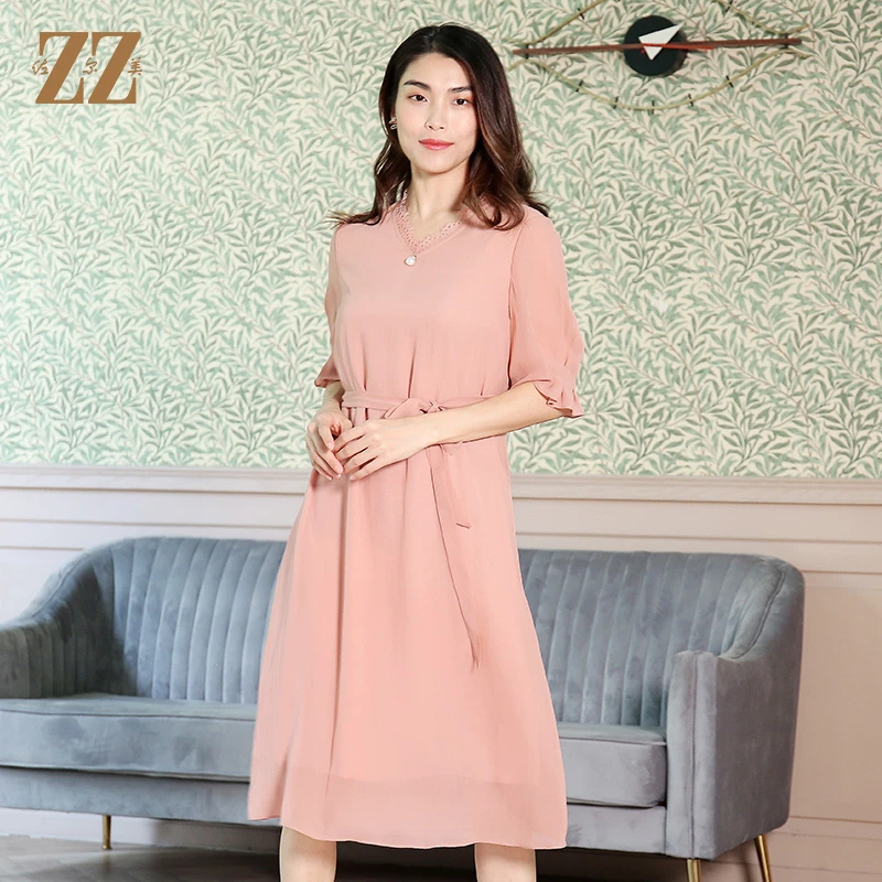 佐尔美V领气质时尚蕾丝花边腰带桑蚕丝真丝连衣裙E12LS50-0330