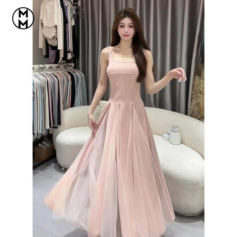 MM法式方领网纱拼接无袖连衣裙女夏季新款高级感气质收腰显瘦长裙