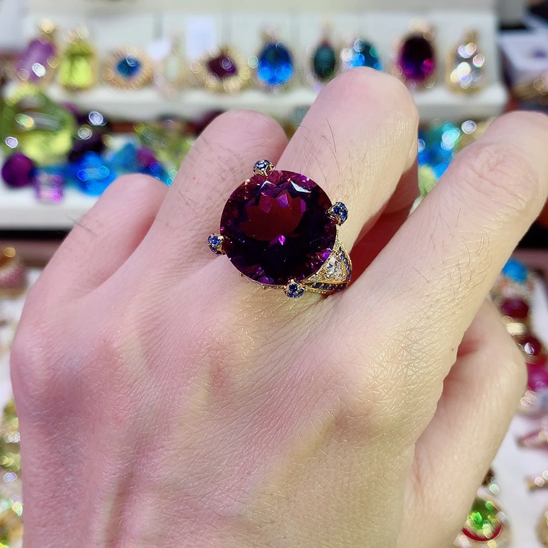 紫晶戒指银S925镀金镶嵌