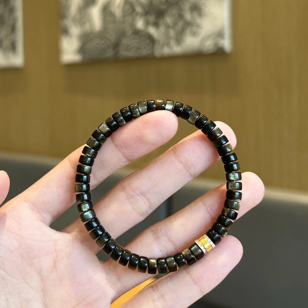 【晶缘聚】天然银钻金曜石精工归圆药片单圈手串时尚百搭手链女礼品