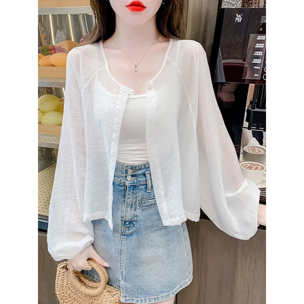 单扣百搭薄荷曼波森系外穿宽松空调衫长袖防晒衫夏季透气薄款上衣