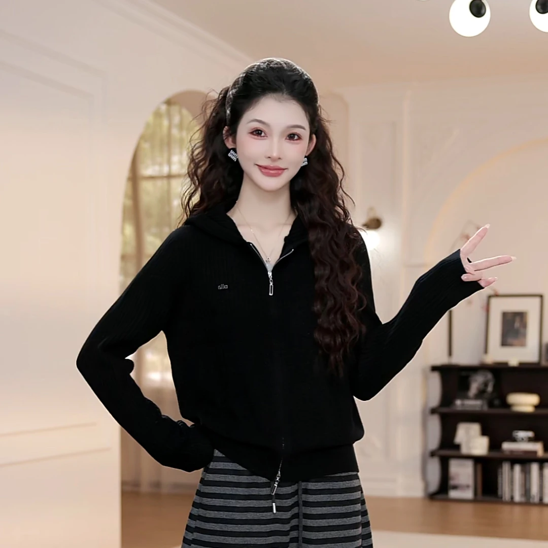 【YY·studio】纯色字母毛衣女秋冬慵懒风拉链长袖针织上衣YY-9077