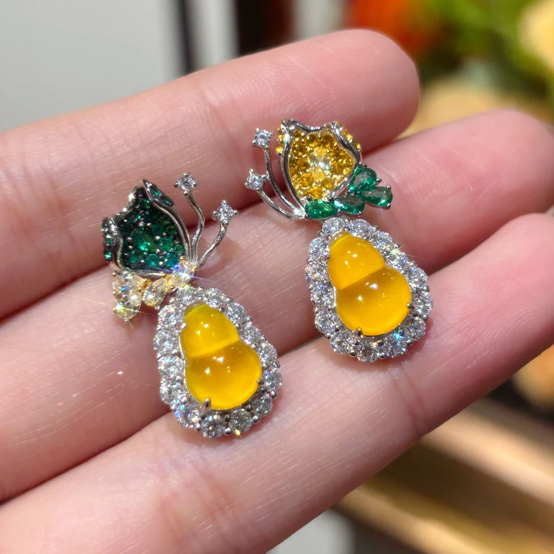 925银合成锆石耳饰 VISING水沫冰黄葫芦耳钉珐琅垫色工艺