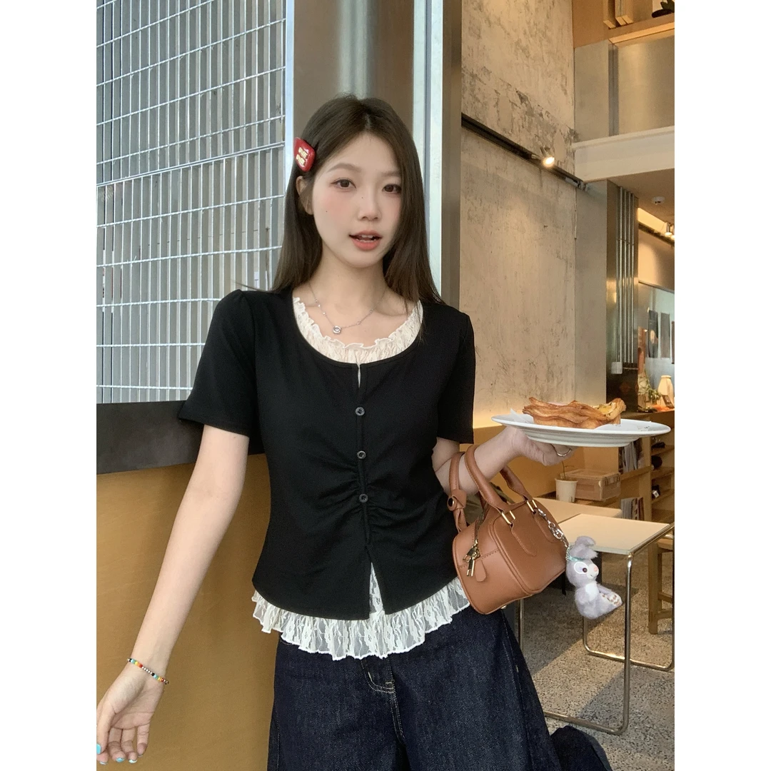 大码夏季胖mm设计感韩系穿搭蕾丝假两件短袖打底衫T恤女