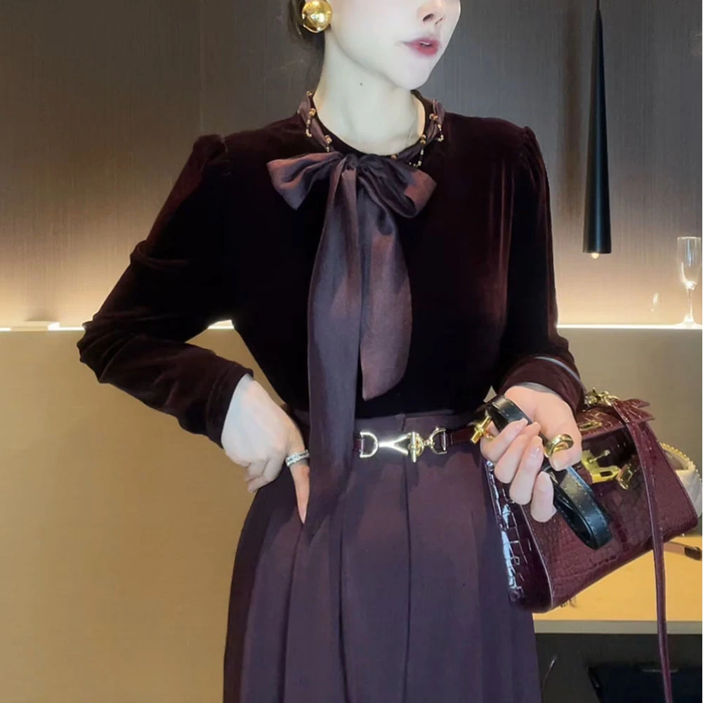 2025早秋新款女黑色飘带领衬衫轻奢高级感减龄洋气高端丝绒上衣