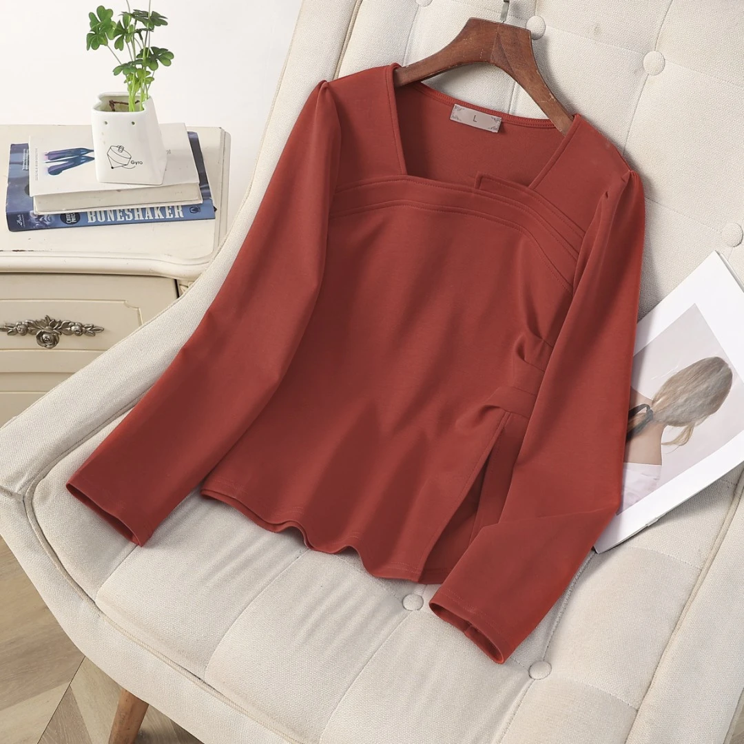 云妃秀大码女装T恤时尚休闲微胖宽松不规则方领开叉摆百搭春68139