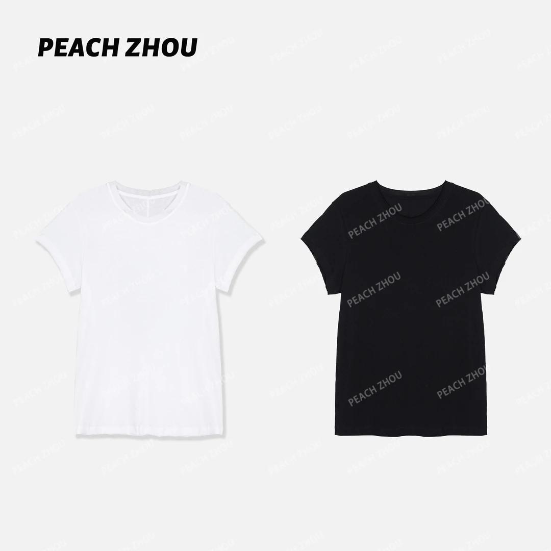 『PEACHZHOU』轻薄松弛散边后中线宽松圆领短袖简约休闲纯色打底T恤