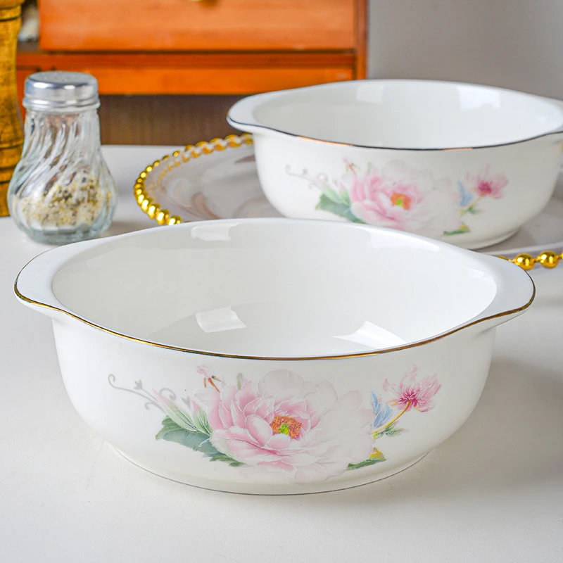 【电光金金陵牡丹双耳碗】6.5英寸骨瓷双耳大面碗