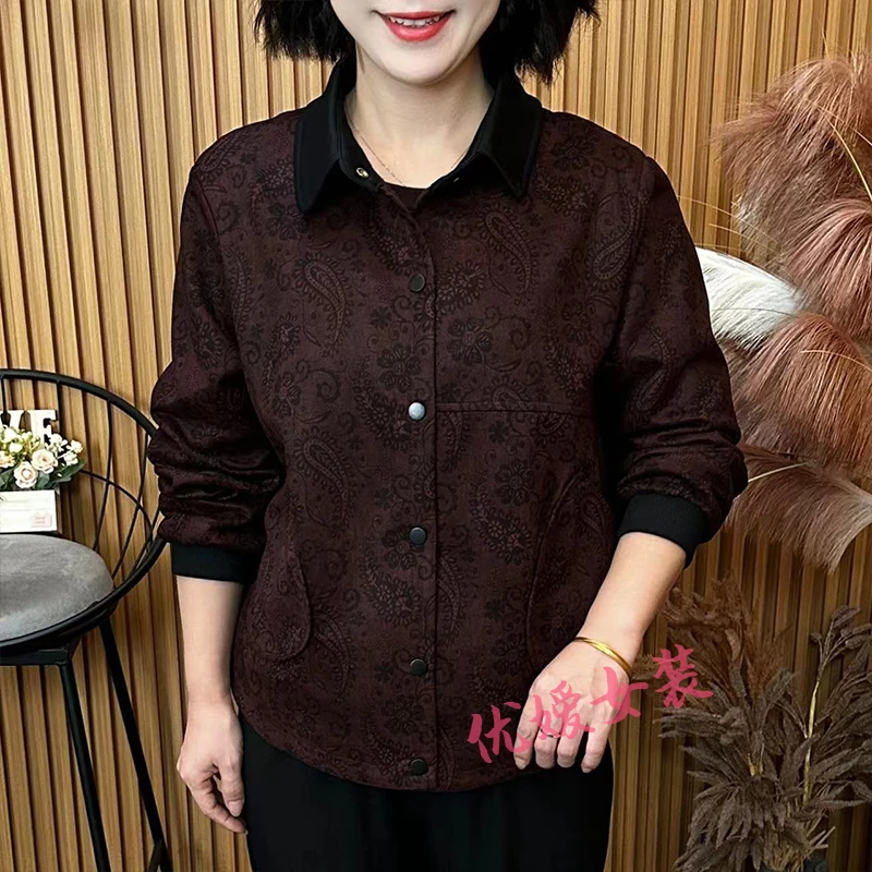妈妈装时尚潮流翻领腰果花秋季外套宽松显瘦休闲百搭中老年女装