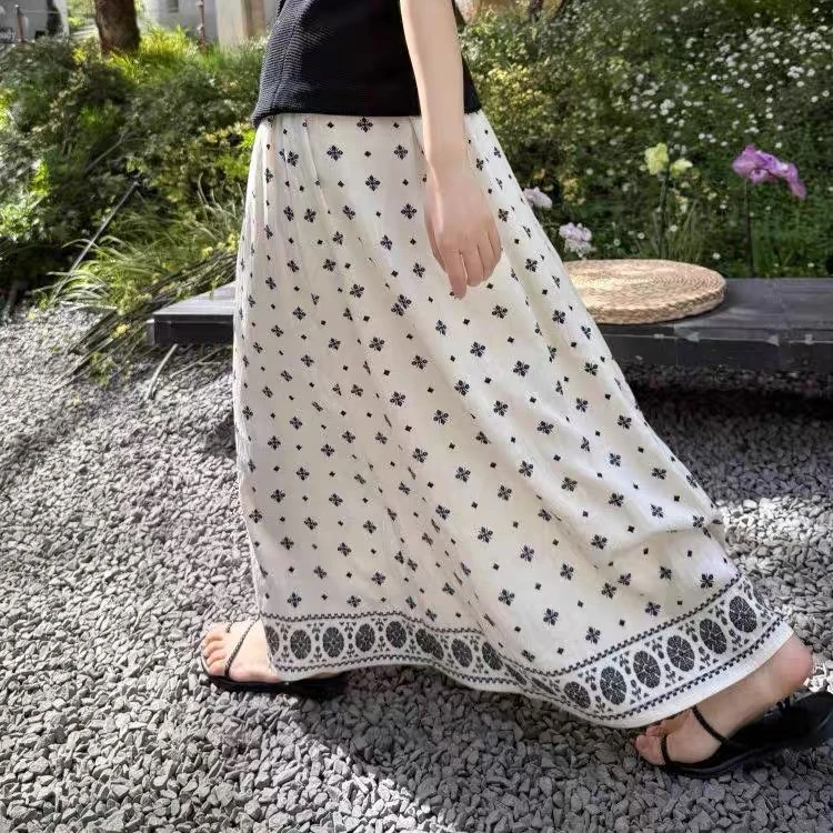 AB802慵懒极简民族风系带长裙 2025春夏复古印花松紧腰半身裙