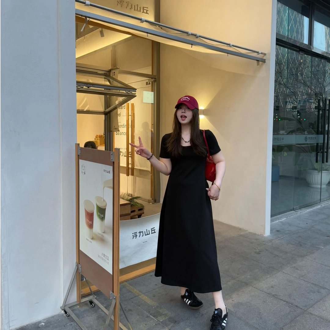 晶咕【漫画身材】显瘦气质小众设计感纯色收腰两个版本连衣