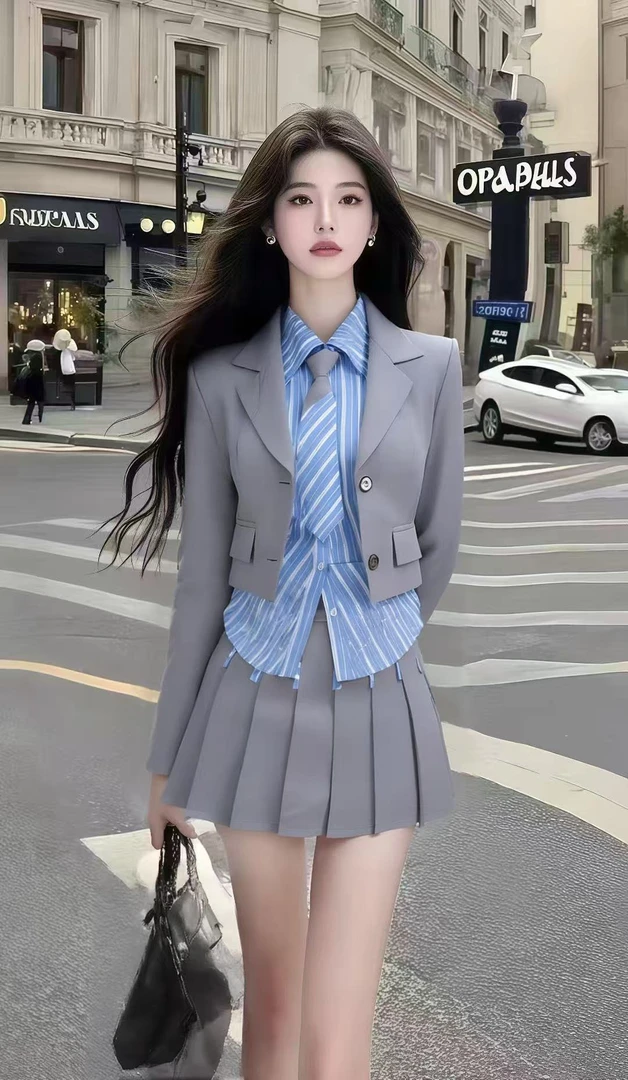 秋季氛围感穿搭蓝色条纹衬衫+灰色长袖短款外套+百褶半身裙三件套