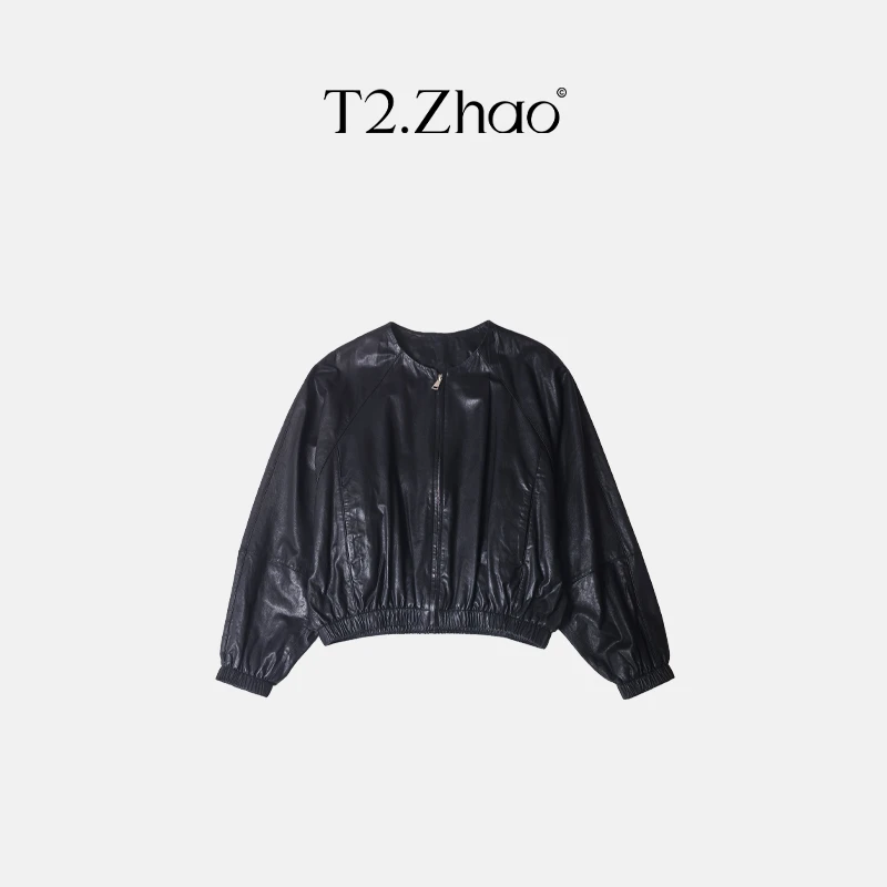 [T2.ZHAO]插肩袖下摆松紧皮衣2312