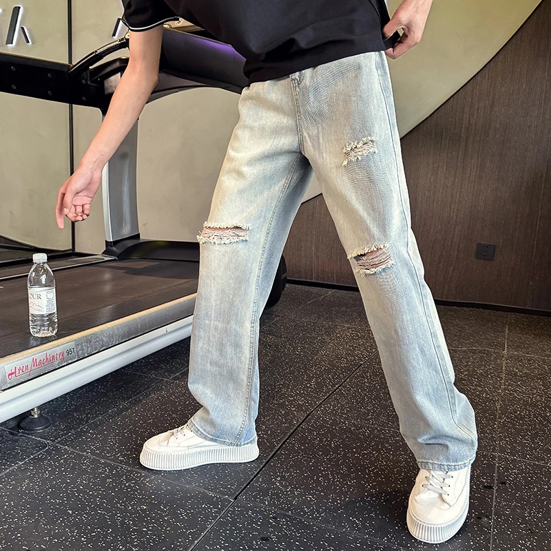 追属水洗复古破洞牛仔裤男士夏季薄款乞丐裤新款直筒裤春秋休闲裤