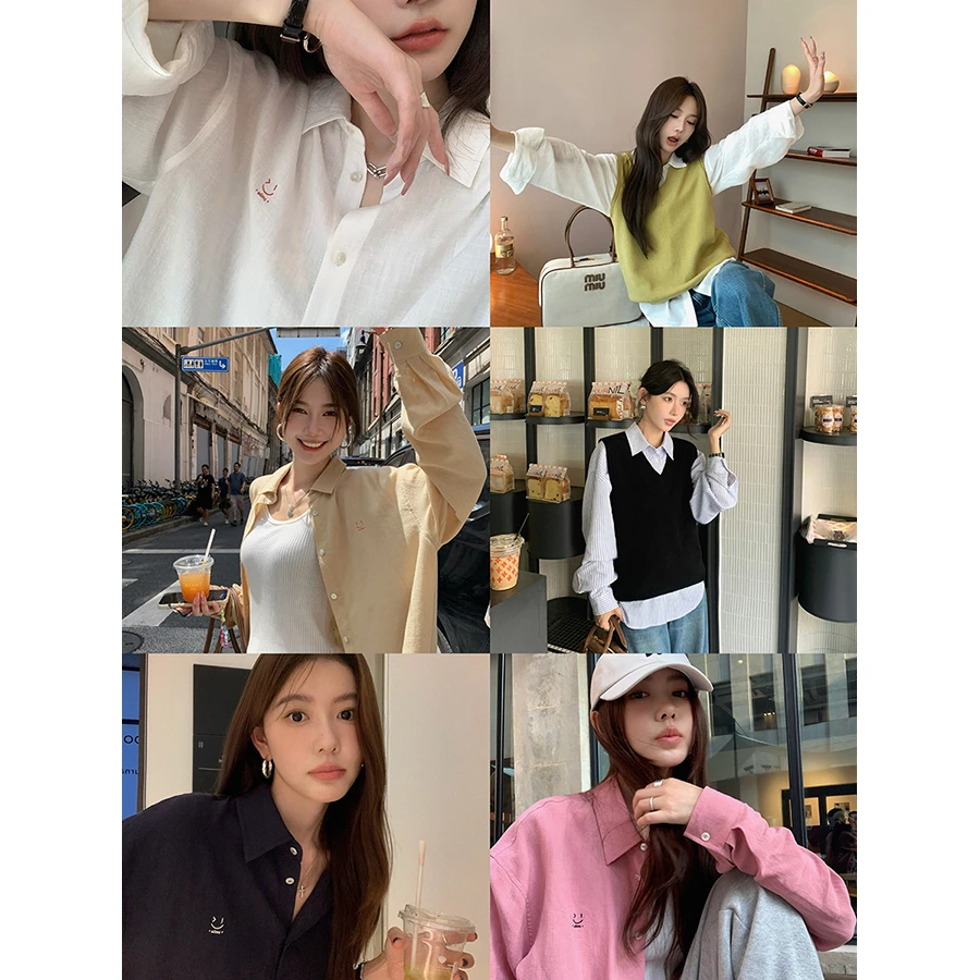 *张贝贝 松弛呼吸 苎麻竹节棉 BF风笑脸刺绣廓形衬衫