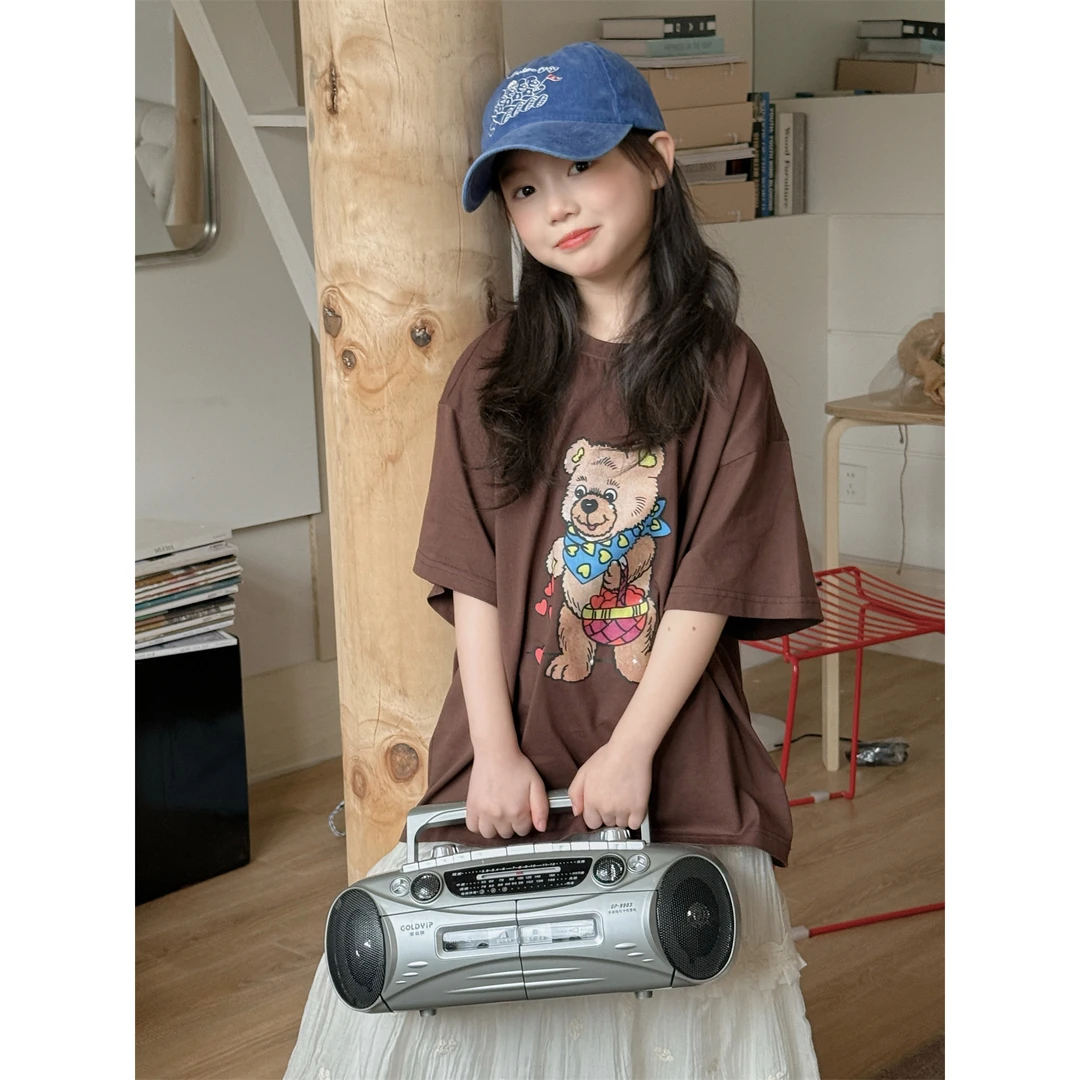 乐小悠 童装女童T恤2025夏季新款儿童洋气卡通小熊半袖百搭上衣潮