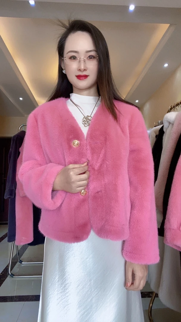 网红同款休闲时尚气质V领环A草草欧貂绒毛毛外套