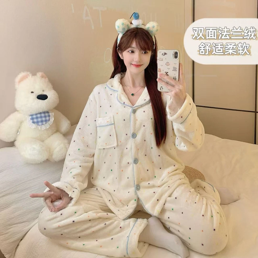 开衫珊瑚绒睡衣冬季女款睡衣加绒长袖可爱家居服套装可外穿