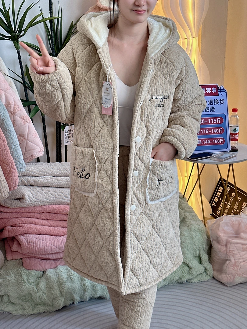 牛奶绒睡衣女士加绒加厚保暖秋冬季开衫花边连帽家居服睡衣8858