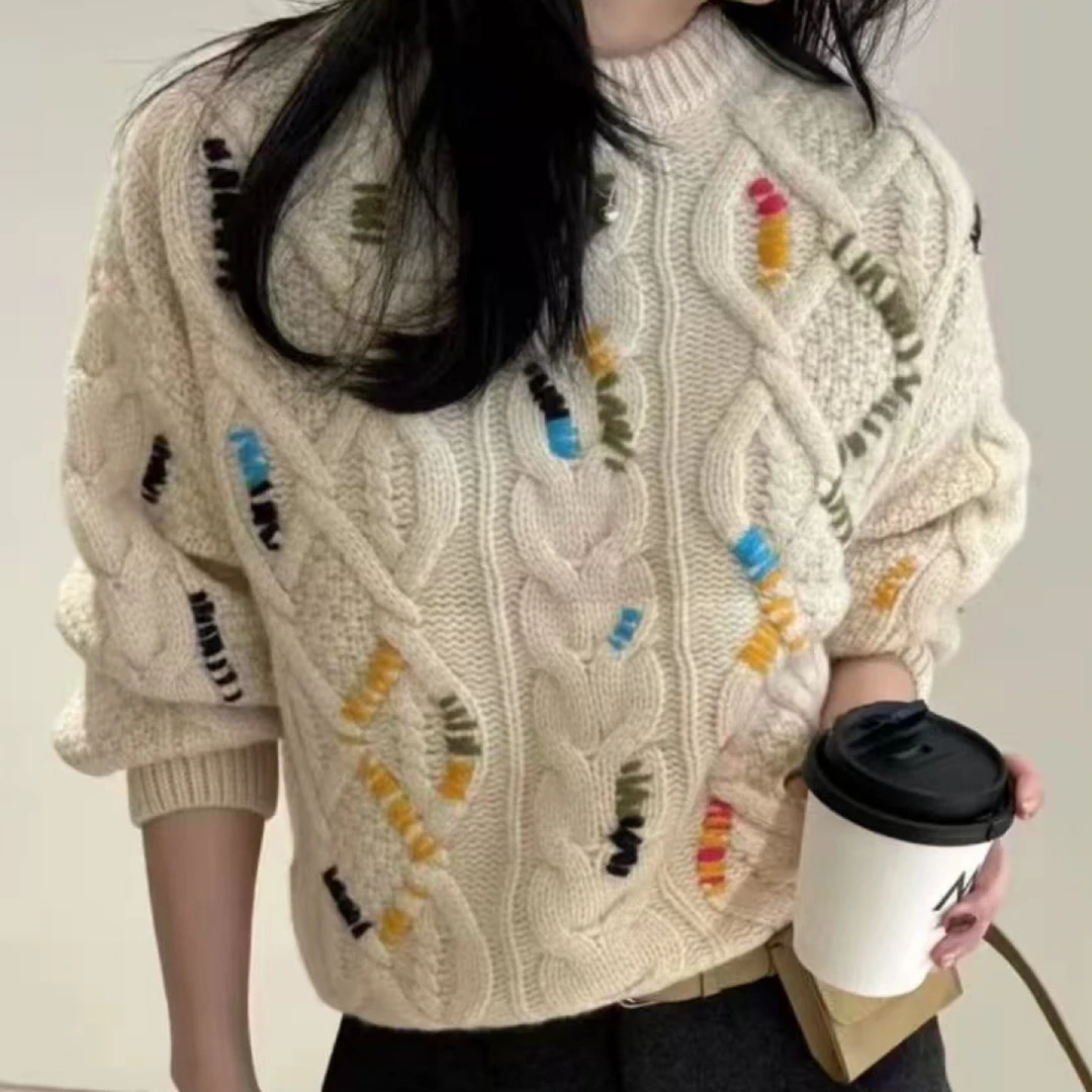 设计感小众彩色针织毛衣女冬季时尚韩版慵懒风针织上衣6561