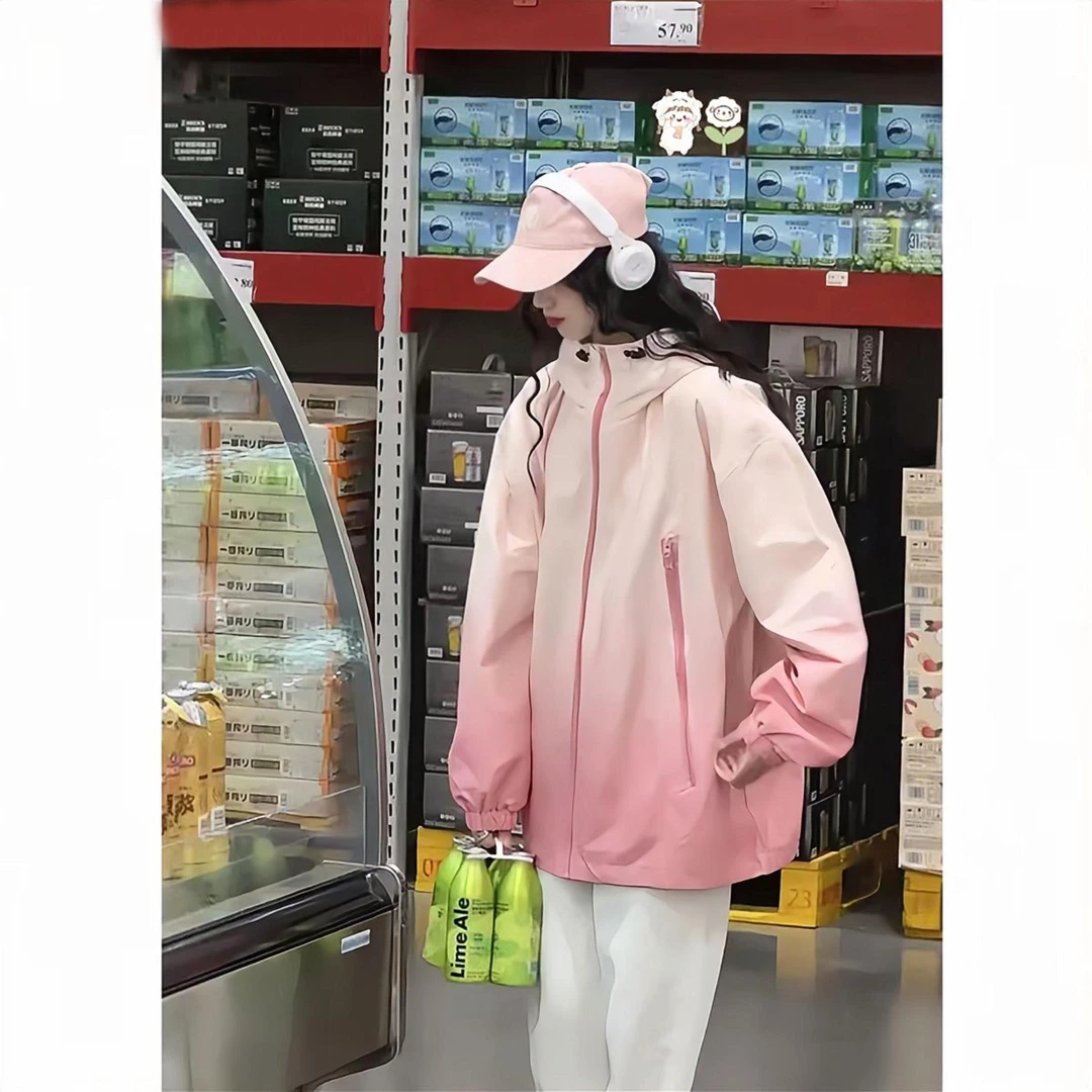 多巴胺渐层粉色冲锋衣外套女夏季薄款防晒美式机能户外登山服夹克