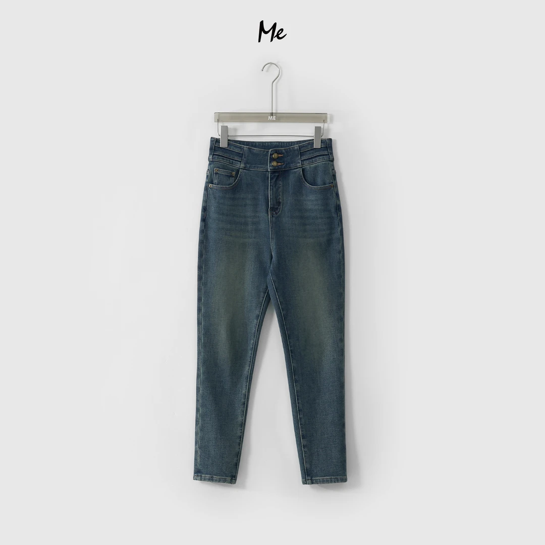ME【瘦腿小脚裤】YKK拉链高腰高弹加绒显瘦复古水洗牛仔裤MEQA5174