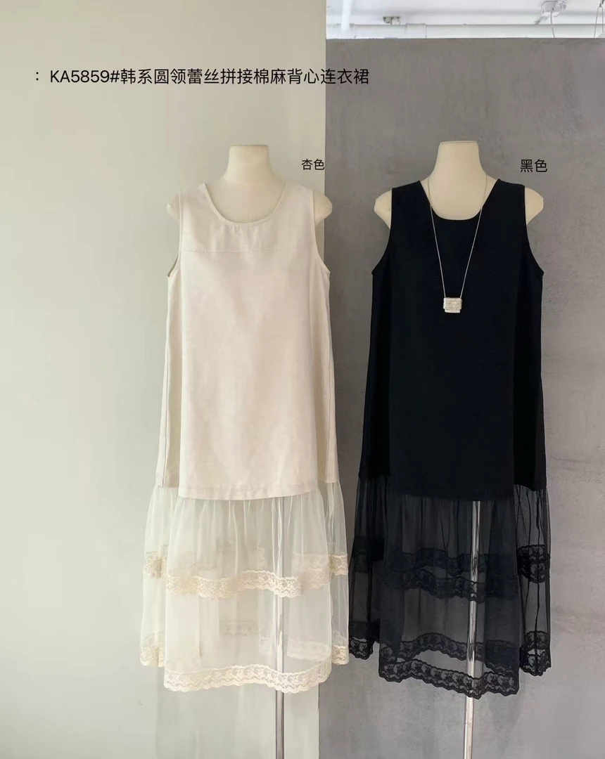 RS@5859 韩系圆领蕾丝拼接背心连衣裙 6-16