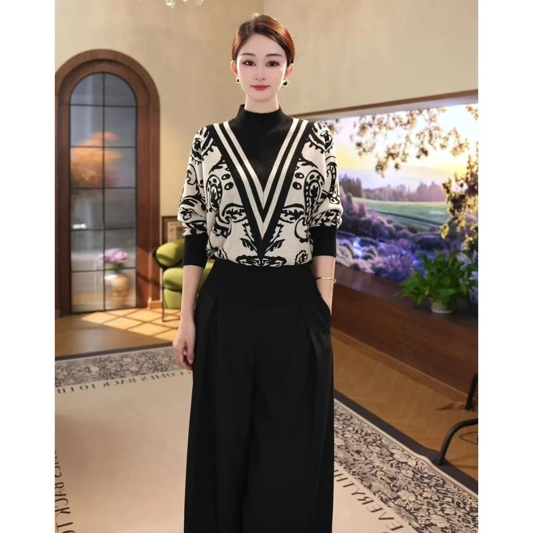 落肩袖厚款中国风蝙蝠袖毛针织衫女秋冬新款显瘦宽松减龄气质毛衣