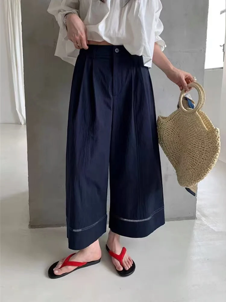 夏季新款高腰九分阔腿裤女时尚百搭镂空设计宽松直筒休闲裤