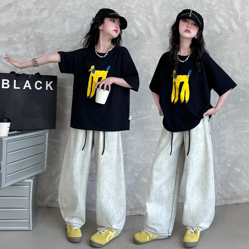 女童夏季潮酷套装2025新款儿童时髦短袖T恤中大童牛仔裤两件套潮t