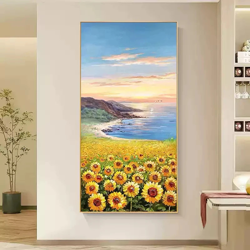 大芬村纯手绘风景油画玄关装饰画竖版高级感向日葵肌理挂画