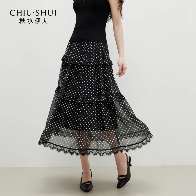 秋水伊人通勤裙子2025年夏季新款荷叶波点半身裙625204C090545